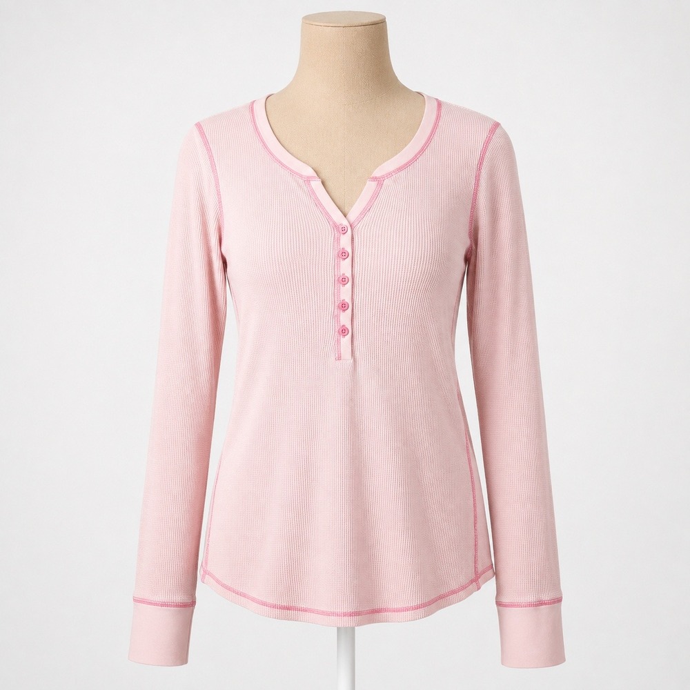 Vintage Y2K Ribbed Long Sleeve Henley Top Size S Pink Stretch Bella Elana Preppy